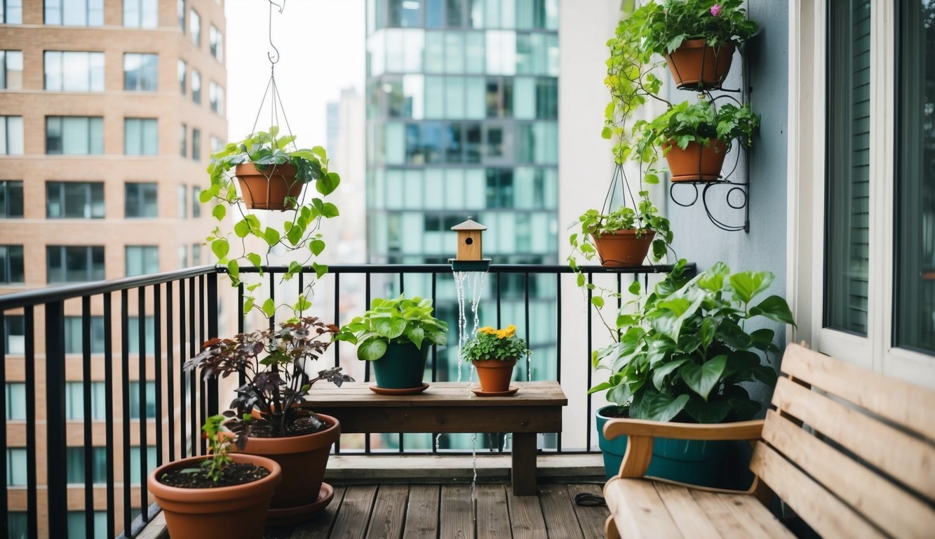 A city balcony with potted plants, hanging vines, a small bird feeder, a cozy wooden bench, and a cascading water feature