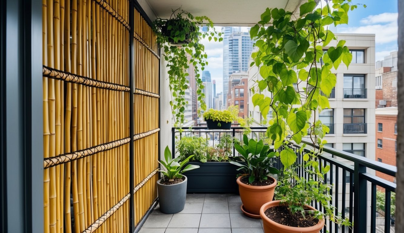 A city balcony with bamboo privacy screens, potted plants, and hanging vines creating a natural oasis in the urban environment