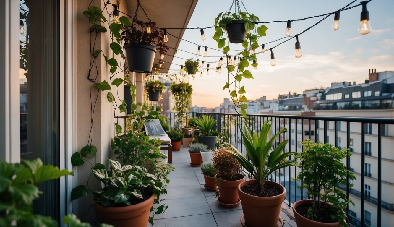 A city balcony adorned with solar-powered string lights, surrounded by potted plants and hanging vines, creating a natural and cozy atmosphere