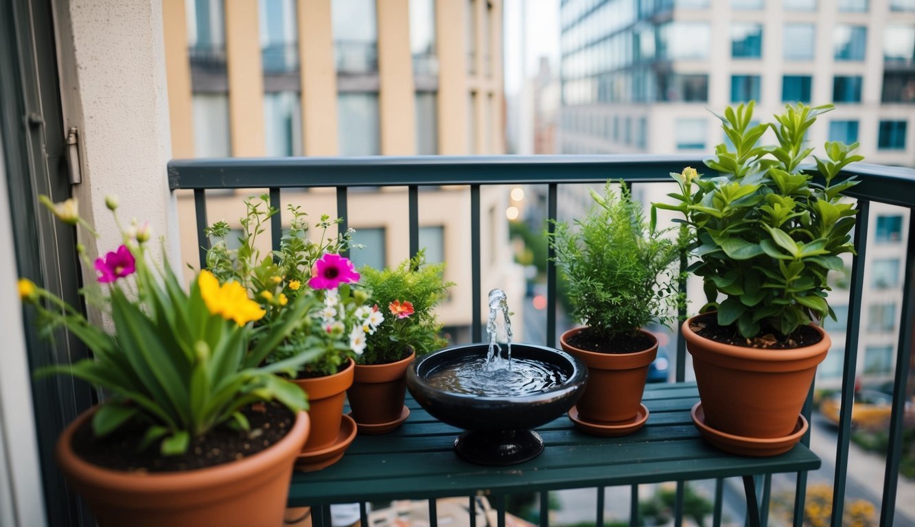 A small balcony with a mini water feature surrounded by potted plants and flowers, creating a serene and natural oasis in the midst of the city