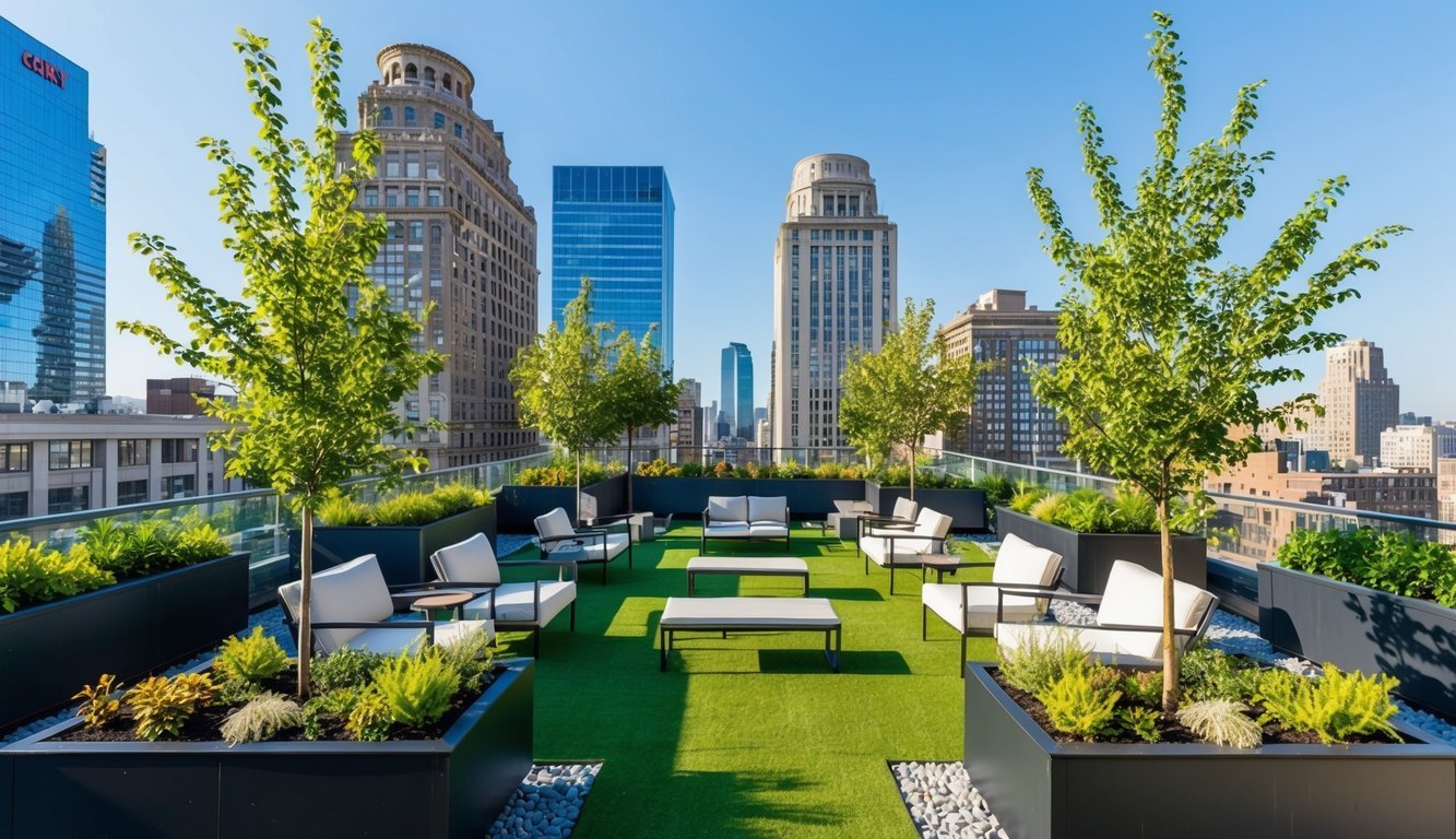 A city rooftop transformed into a lush green space with plants, trees, and seating areas, surrounded by tall buildings and a clear blue sky