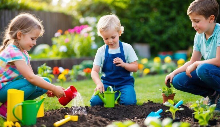 Three children gardening together, planting flowers in a sunny backyard