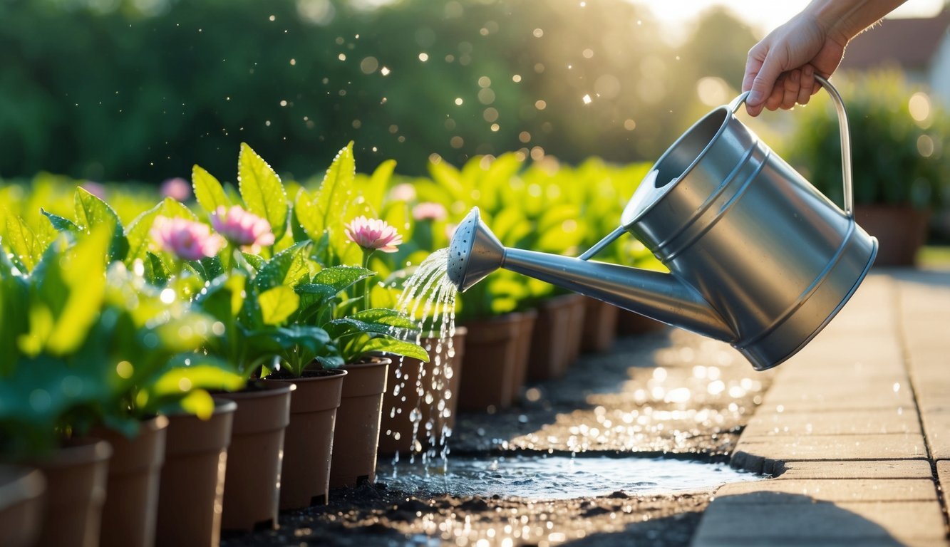 Morning sunlight shines on a watering can near a row of potted flowers.</p><p>Dew glistens on the leaves as the can pours water onto the soil