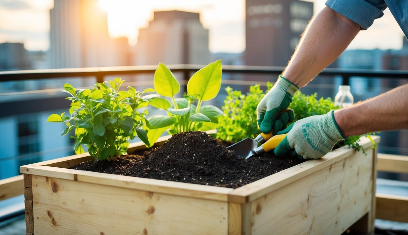 A rooftop garden being created with lightweight soil, plants, and gardening tools in 10 steps