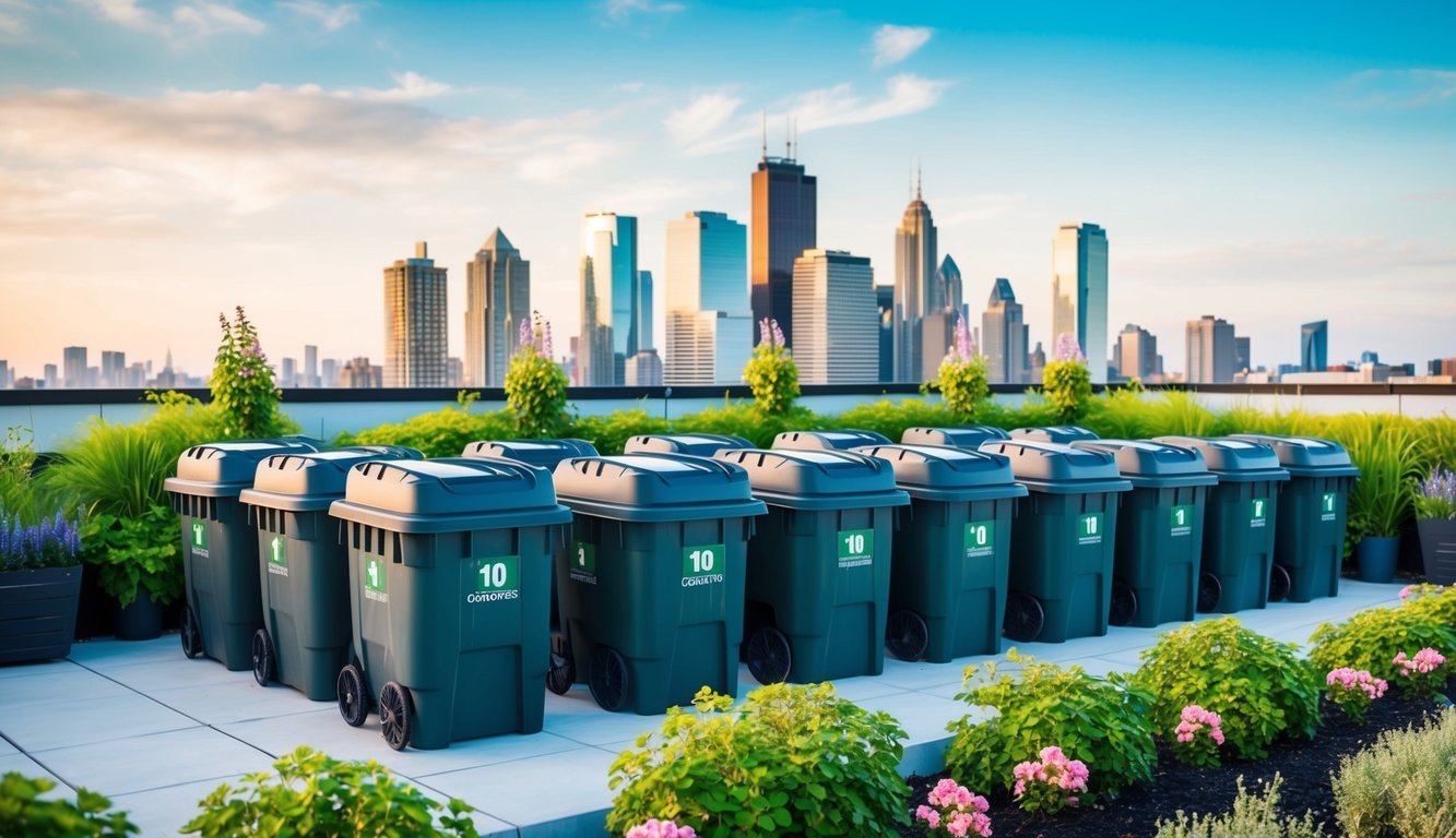 A rooftop with 10 composting bins arranged in a neat row, surrounded by lush green plants and flowers, with the city skyline in the background