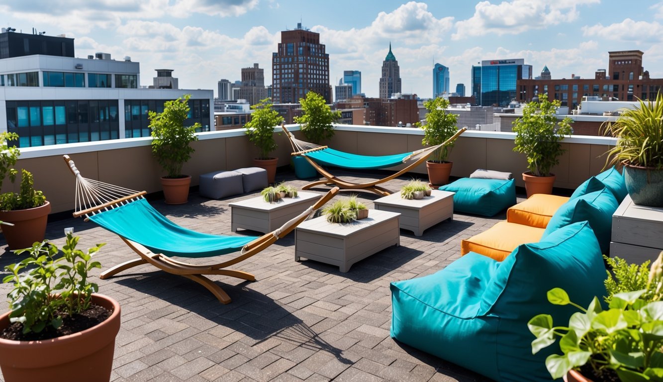 A rooftop space with various seating options, including benches, hammocks, and bean bags, surrounded by potted plants and greenery