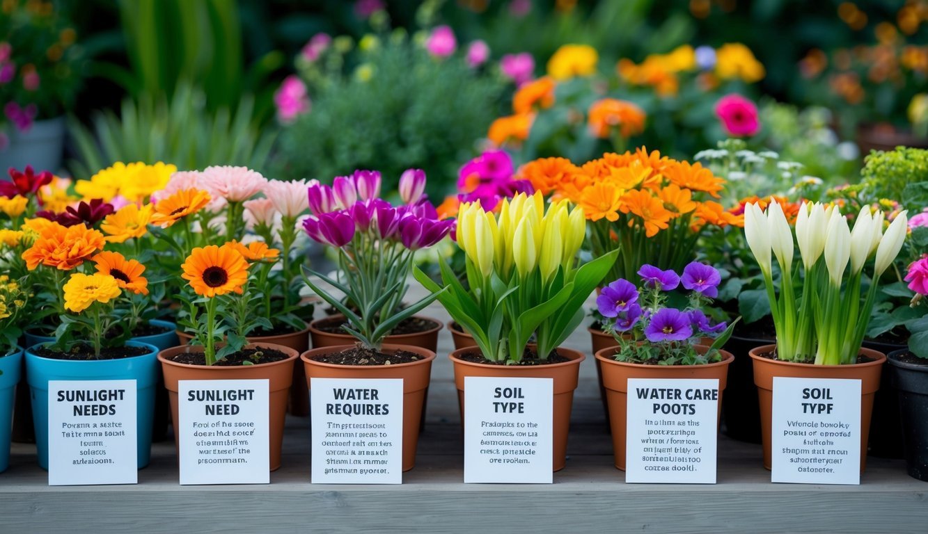 A variety of potted flowers arranged by sunlight needs, water requirements, and soil type, with labeled care instructions nearby