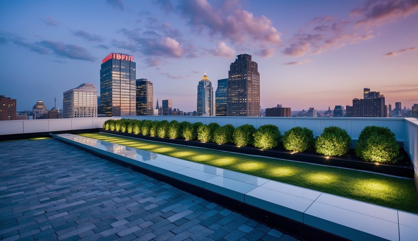 A city rooftop with 10 steps displayed in a clear, sequential manner, leading to a lush green space illuminated by LED lighting