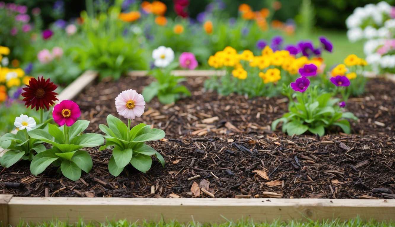 A garden bed with a layer of mulch covering the soil to retain moisture, surrounded by blooming flowers of various colors and sizes