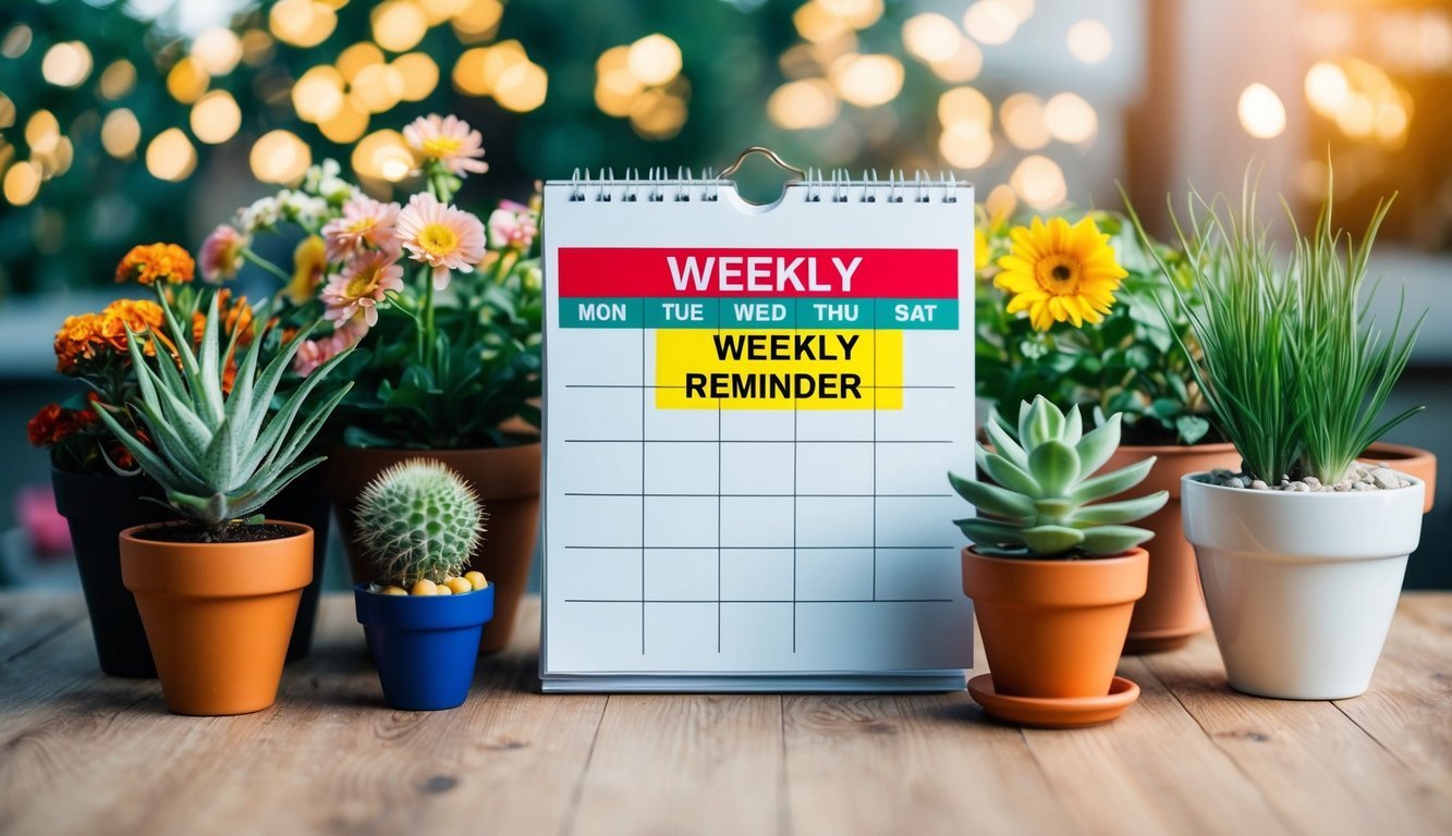 A calendar with a highlighted weekly reminder surrounded by various potted flowers and plants