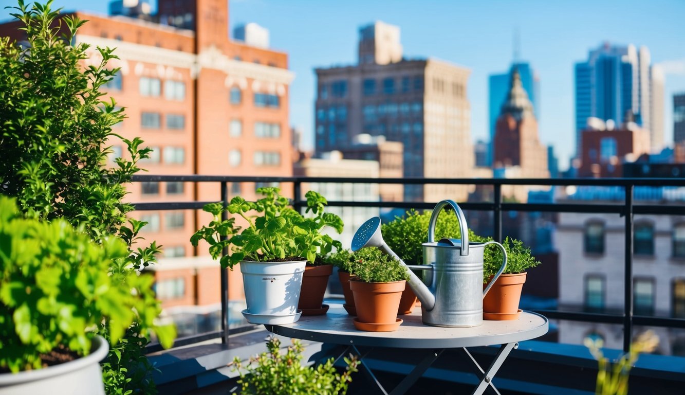 A rooftop garden with potted plants and a watering can on a table, surrounded by city buildings and a clear blue sky