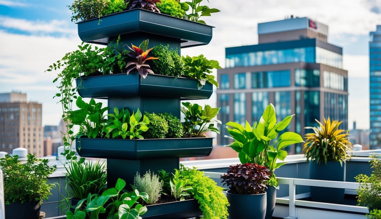 A rooftop with vertical planters filled with various green plants, creating a lush and vibrant urban green space