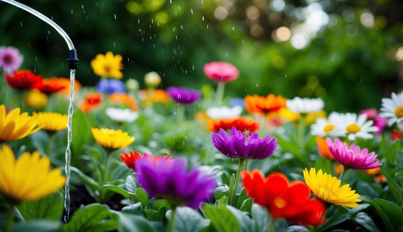 A garden with colorful flowers being watered by a drip irrigation system