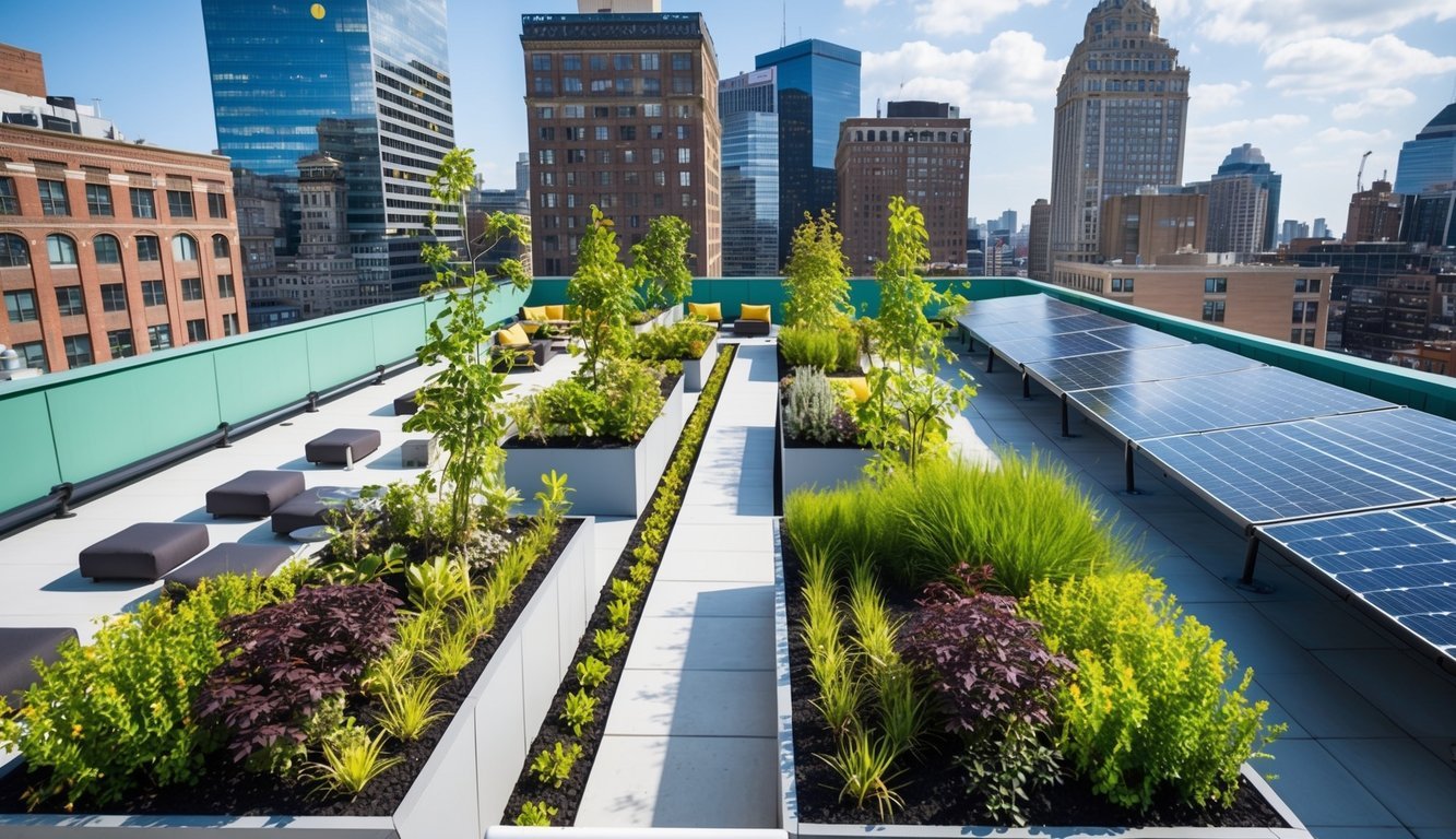 A city rooftop transformed into a lush green space with plants, seating areas, and sustainable features like solar panels and rainwater collection