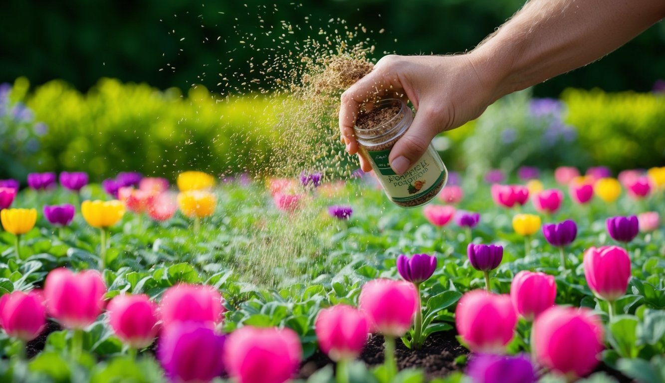 A hand sprinkles slow-release fertilizer onto a vibrant flowerbed in a neatly kept garden