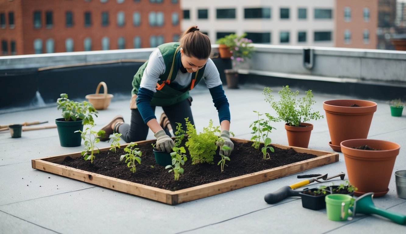 A person laying out soil and planting small plants on a flat urban rooftop, surrounded by pots and gardening tools