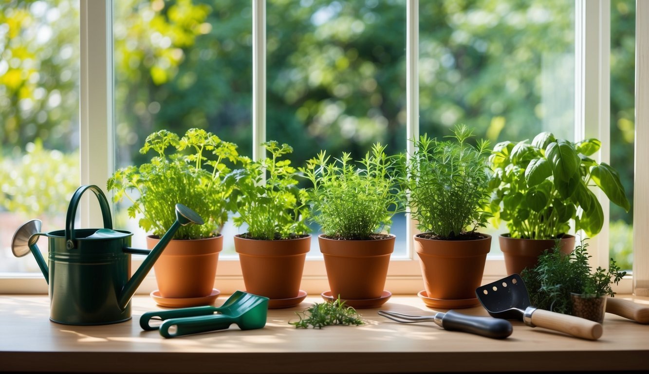 A sunny kitchen window with a row of potted herbs, surrounded by small gardening tools and watering can