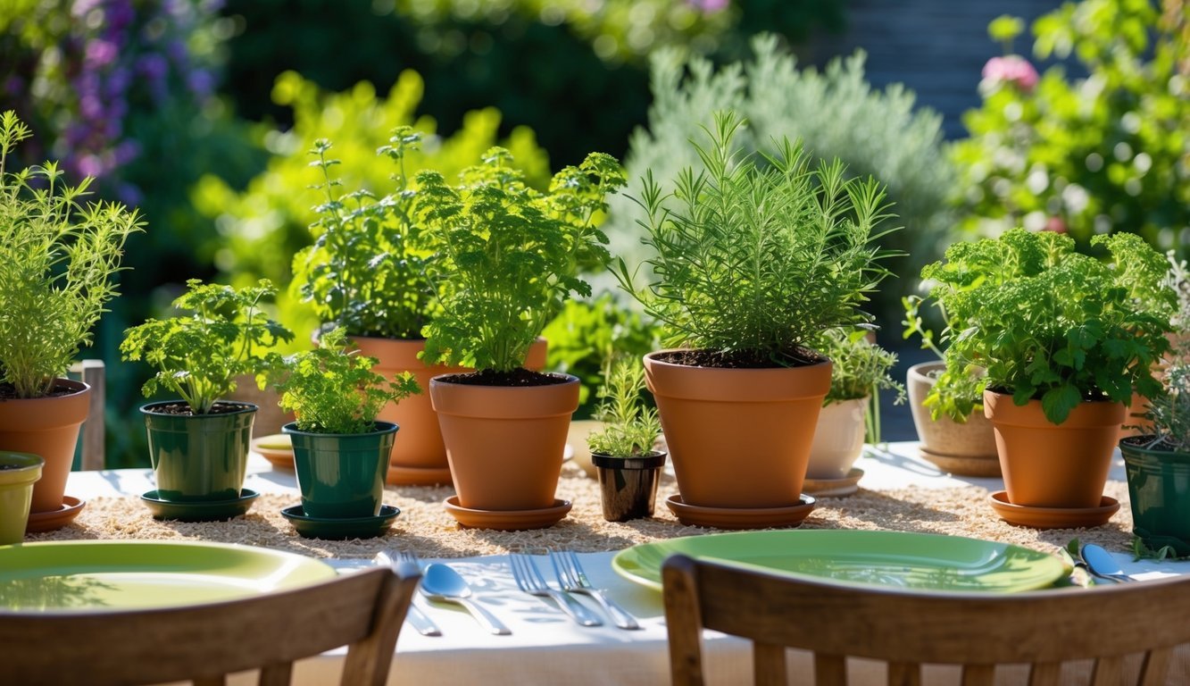 A garden with various herbs growing in pots and containers, placed in sunny spots around a family dining table