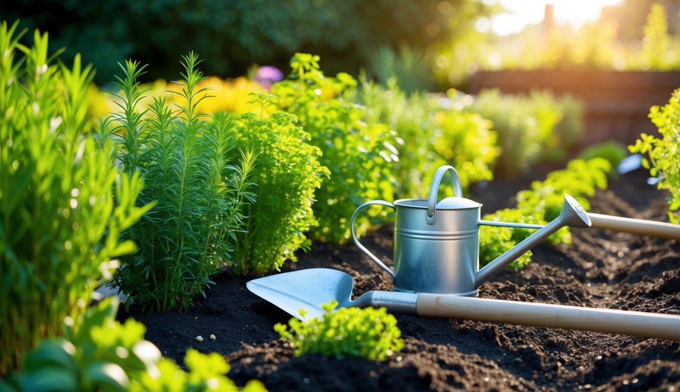 A sunlit garden with rows of vibrant herbs growing in nutrient-rich soil, surrounded by gardening tools and a watering can