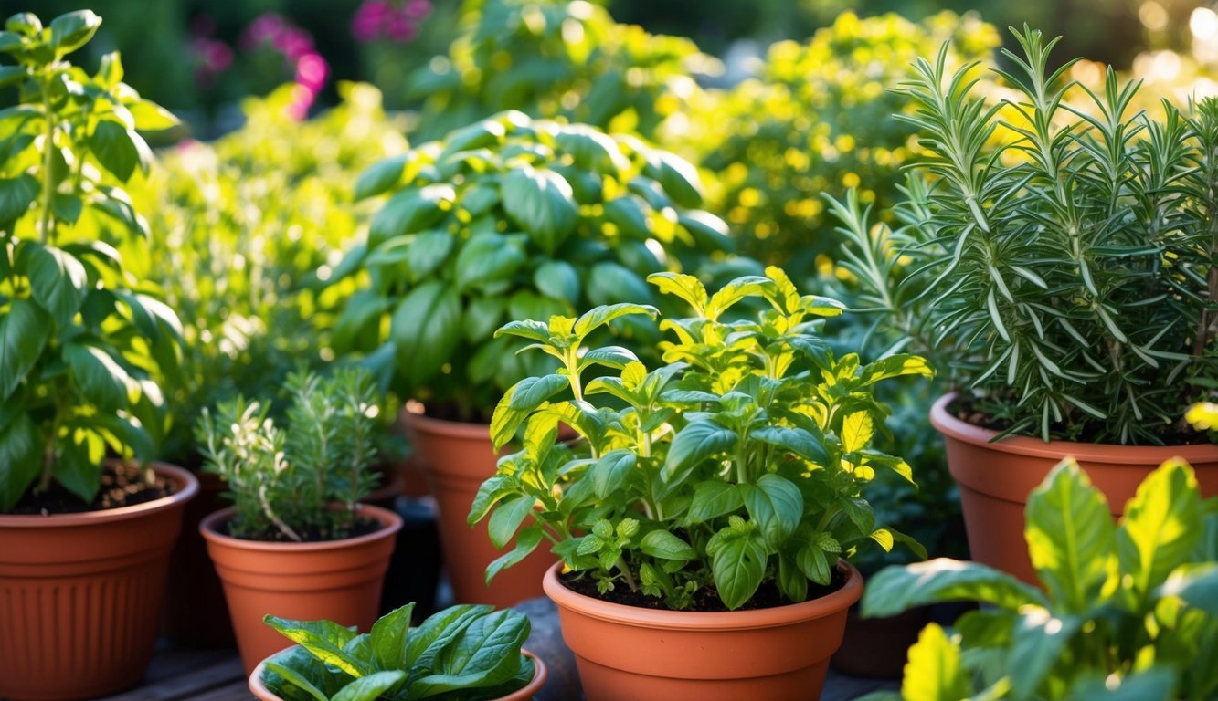 A lush garden filled with various potted herbs, including basil, mint, and rosemary, basking in the warm sunlight, ready to be harvested for family meals