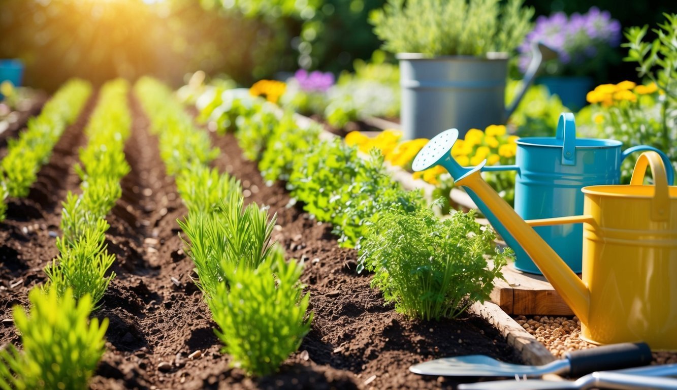 A sunny garden with rows of herbs being carefully planted in rich soil, surrounded by tools and watering cans