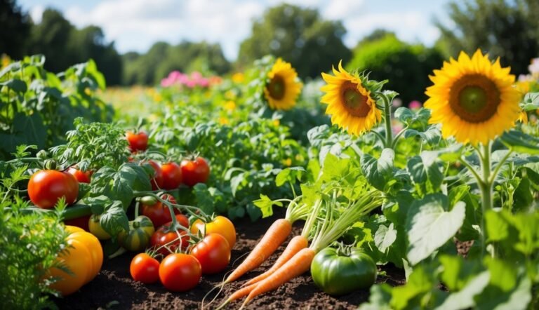 Garden bed with tomatoes, carrots, sunflowers, and other vegetables