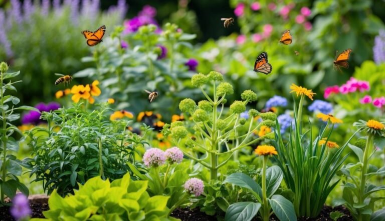 Colorful garden with butterflies and bees flying among flowers