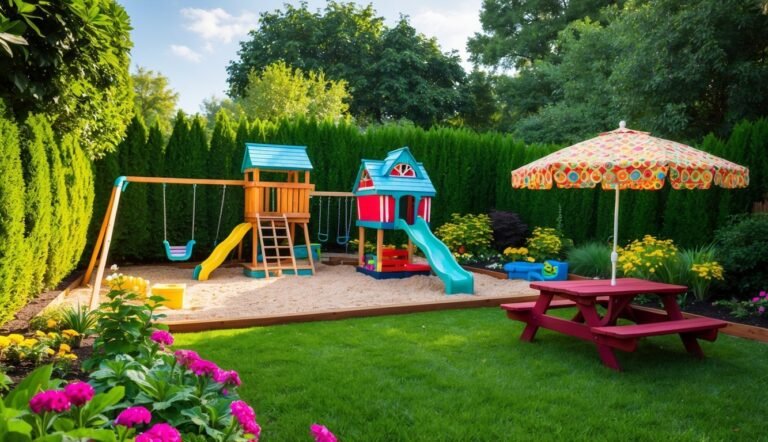 Playground with swings, slides, and picnic table in a lush green yard