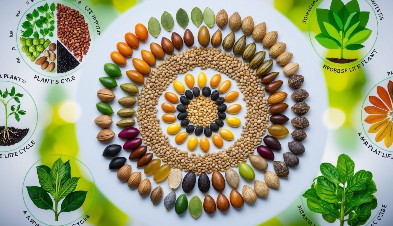 A colorful array of different seeds arranged in a circular pattern, surrounded by illustrations of the various stages of a plant's life cycle