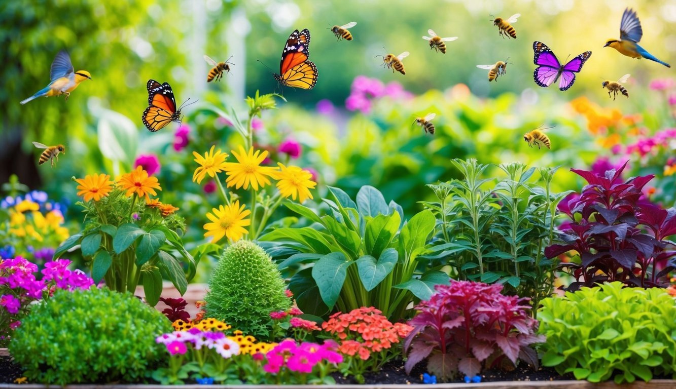 A vibrant garden with a variety of plants at different stages of growth, surrounded by colorful butterflies, buzzing bees, and chirping birds