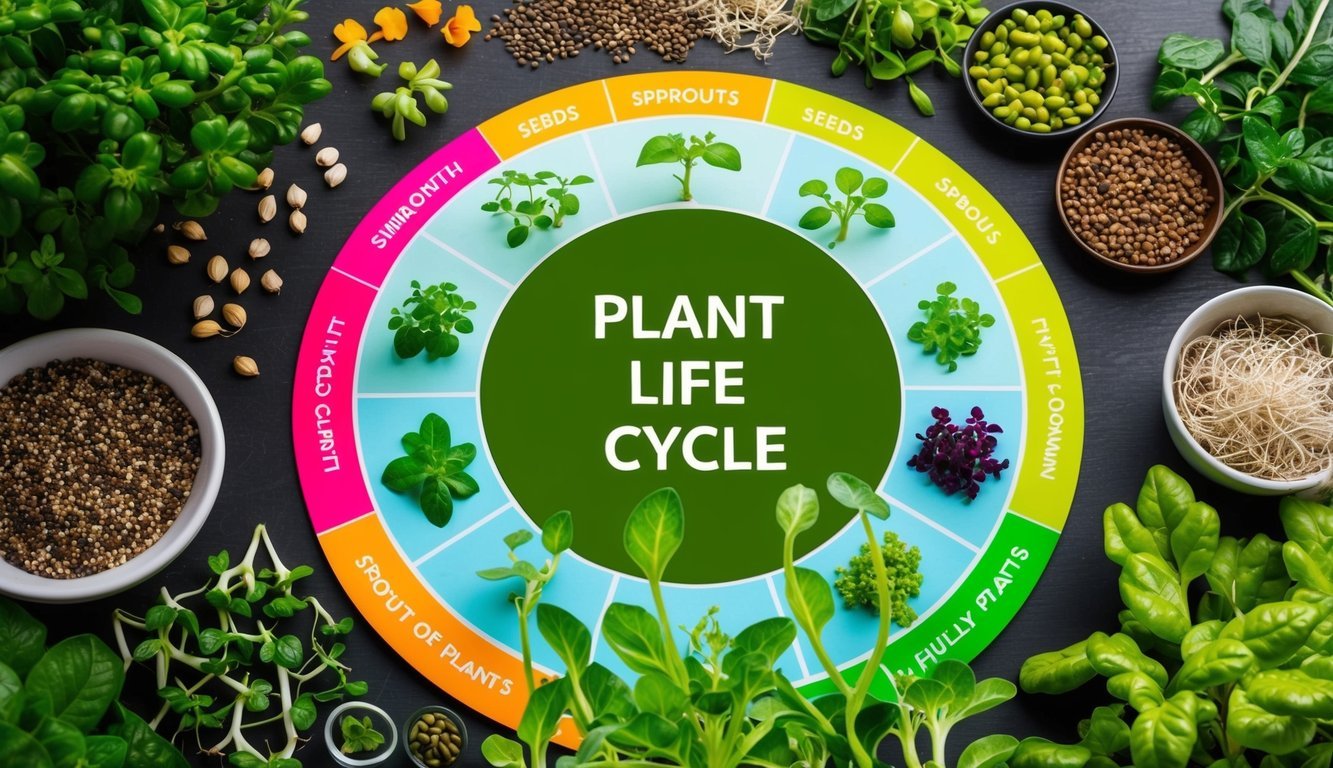 A colorful plant life cycle chart surrounded by various stages of plant growth, including seeds, sprouts, and fully grown plants