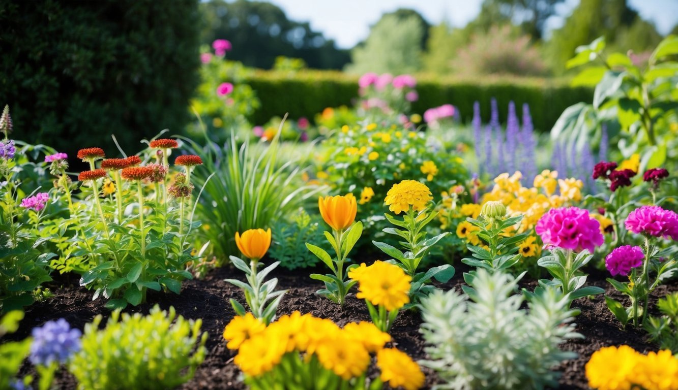 A colorful garden with various plants in different stages of growth, from seeds to fully bloomed flowers, surrounded by trees and bushes