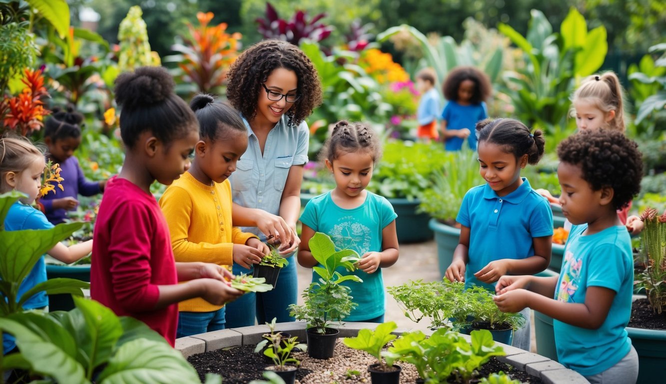 A colorful botanical garden with diverse plant species at various stages of growth, surrounded by curious children engaged in hands-on learning activities