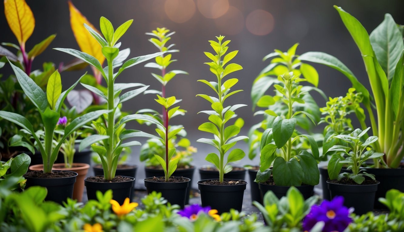 A group of diverse plants in various stages of growth, from seedlings to mature plants, surrounded by vibrant leaves and flowers