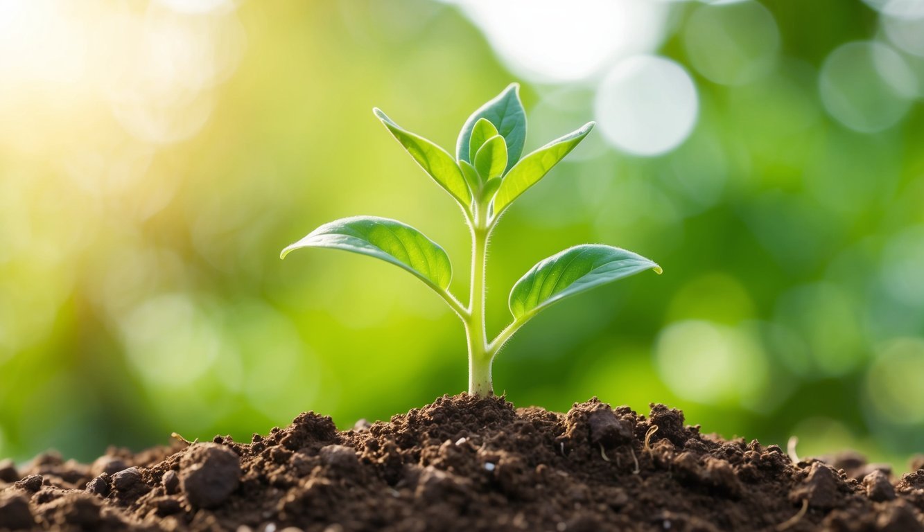 A seed planted in rich soil sprouts into a young plant, growing leaves and eventually blooming into a flower, completing its life cycle