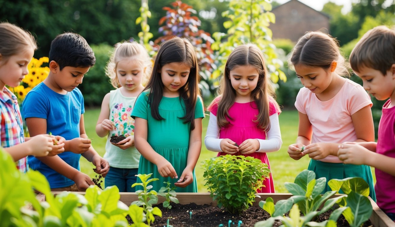 A colorful garden with various plants in different stages of growth, surrounded by children engaging in hands-on activities like planting seeds and observing plant life cycles