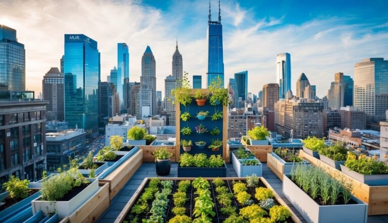 Rooftop garden with cityscape background, featuring raised beds and vertical planters