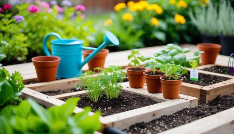 Raised garden beds with potted plants, watering can, and flowers in the background