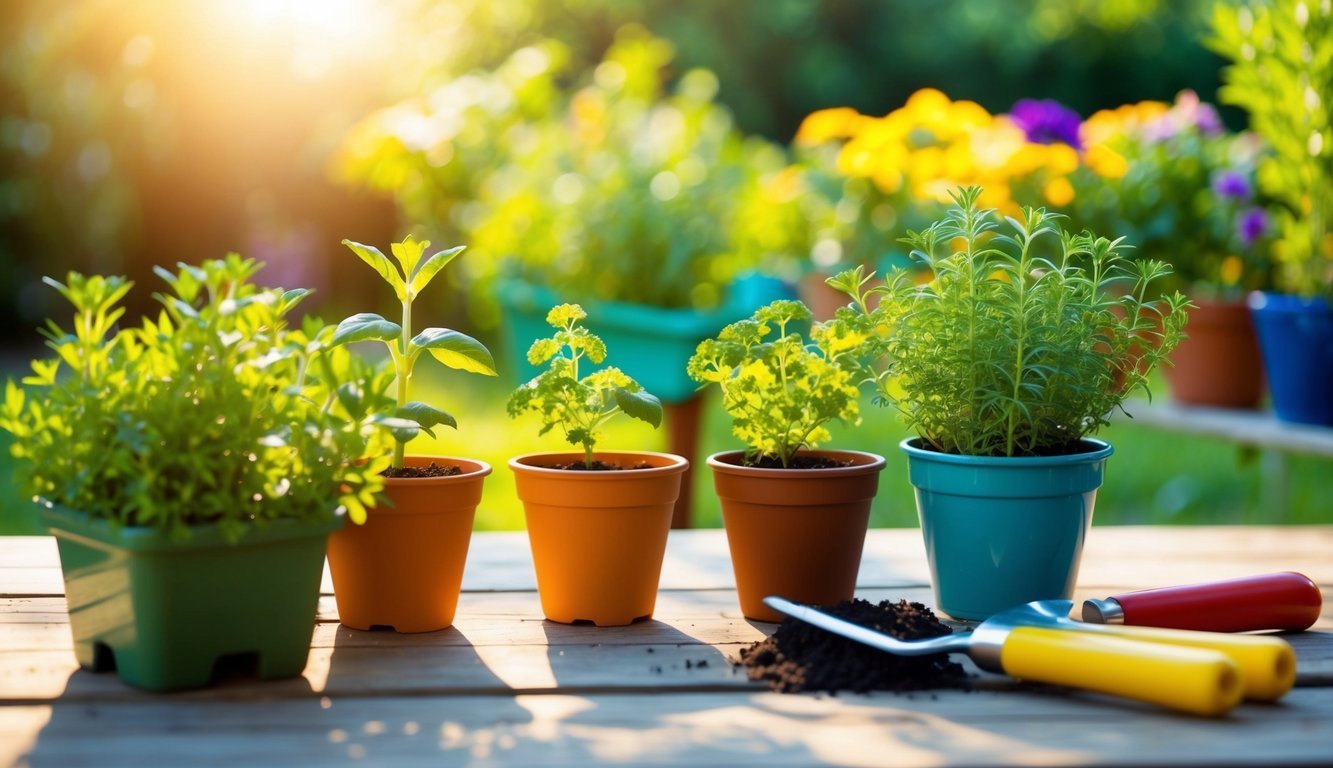 A colorful garden scene with a child-friendly herb garden, bathed in warm sunlight, with small gardening tools and pots ready for planting