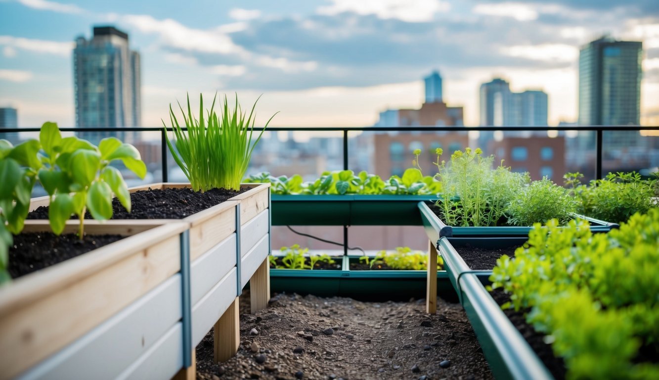 A small urban garden with rain gutter grow system, surrounded by DIY projects like raised beds and vertical planters, set against a city backdrop