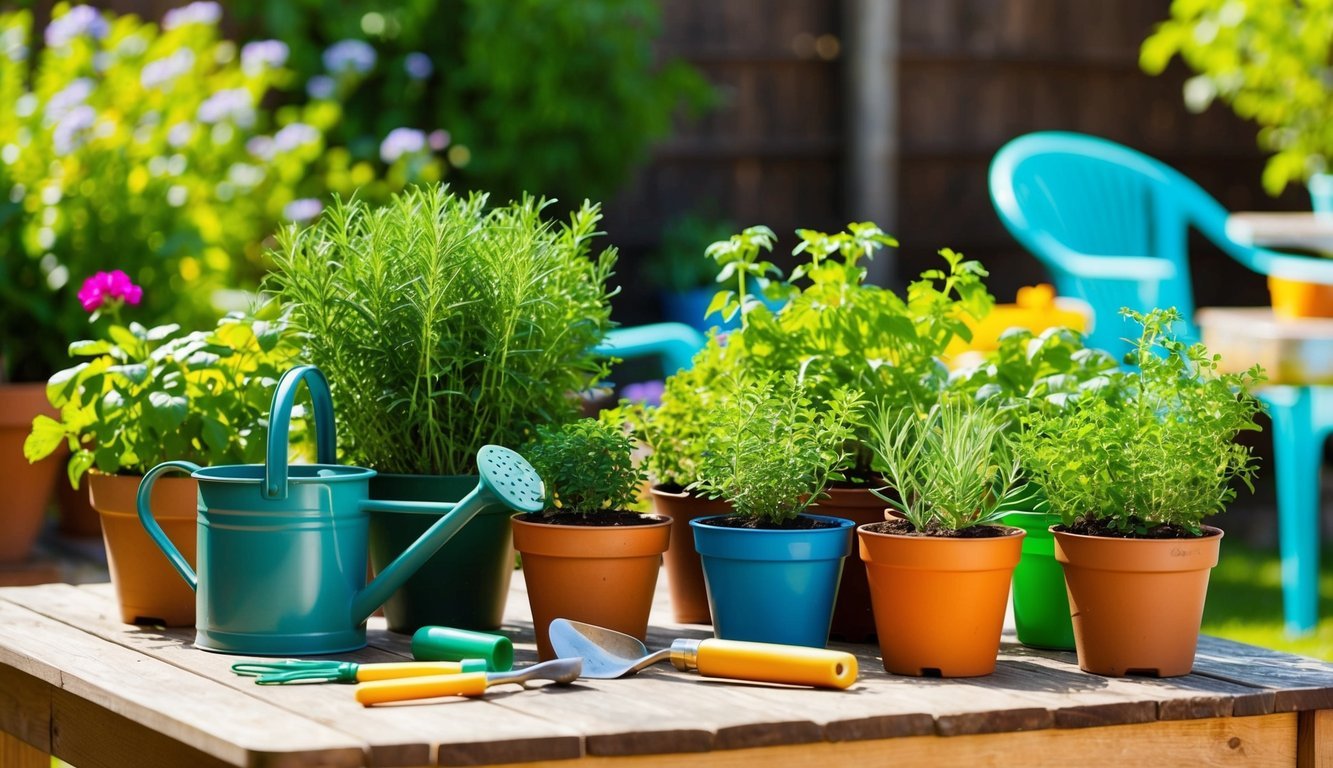 A sunny backyard with a variety of potted herbs arranged on a wooden table.</p><p>A child-sized watering can and small gardening tools are scattered around the area