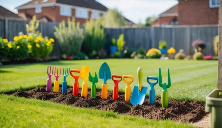 Colorful toy gardening tools in a garden bed, with a grassy lawn