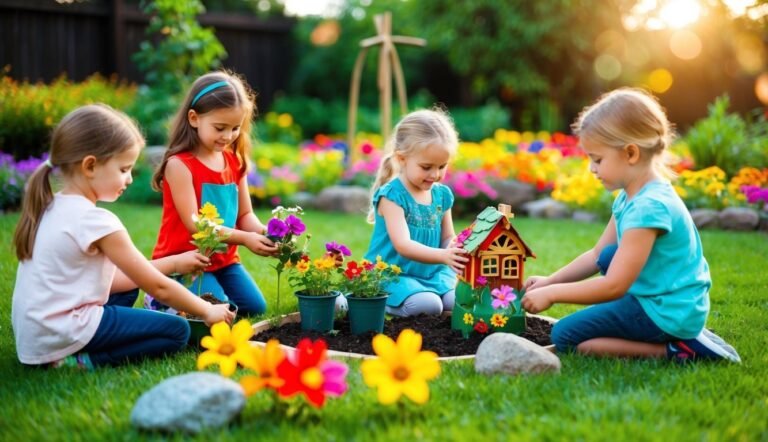 Four young girls planting flowers around a miniature house in a garden