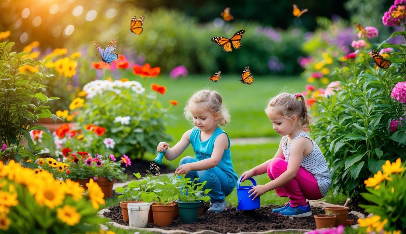 A colorful butterfly garden with blooming flowers, fluttering butterflies, and kids planting seeds and watering the plants