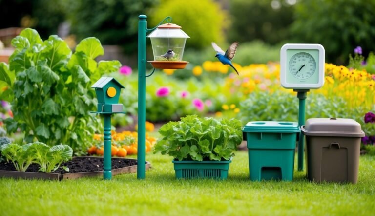 A vibrant garden scene with bird feeders, birdhouse, and a flying bird