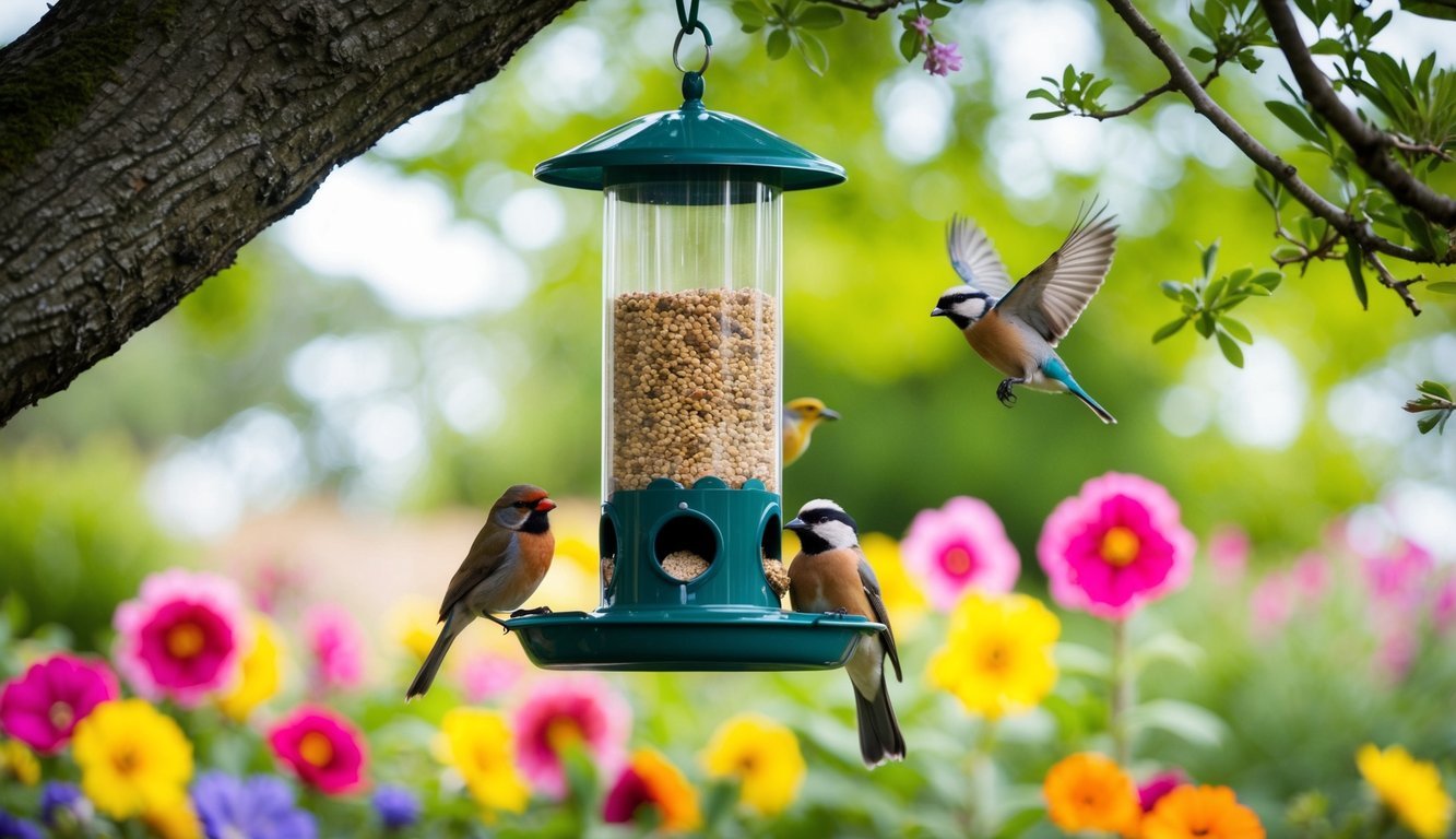 A bird feeder hanging from a tree, surrounded by colorful flowers and chirping birds