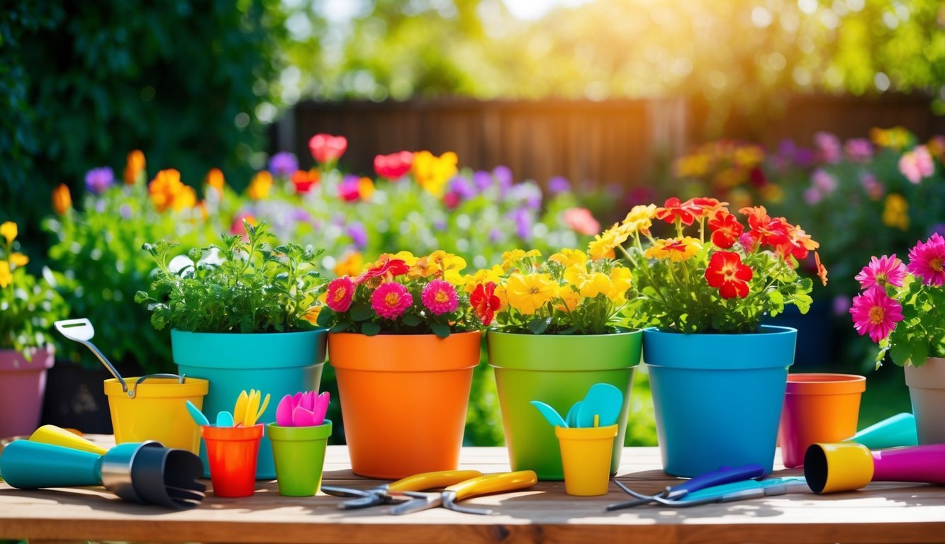Colorful flower pots arranged on a wooden table, surrounded by gardening tools and vibrant flowers in a sunny backyard