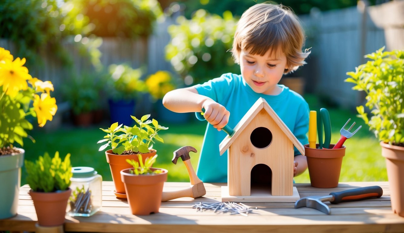 A child assembling a birdhouse with a small hammer and nails, surrounded by gardening tools and potted plants in a sunny backyard