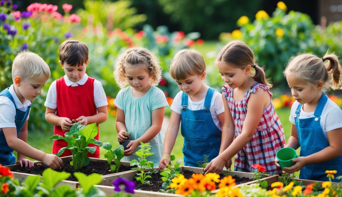 A group of children planting seeds, watering plants, and observing insects in a vibrant garden filled with colorful flowers and vegetables