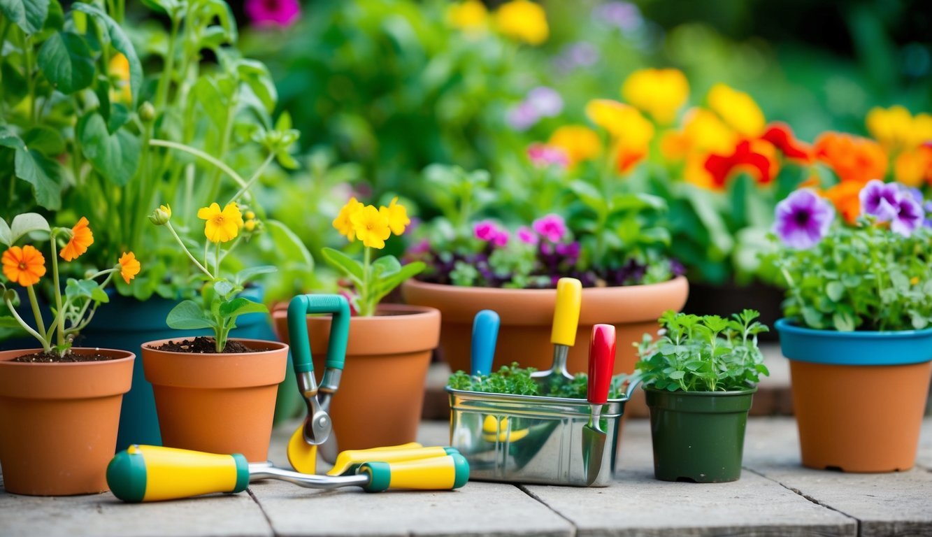 A group of small gardening tools arranged next to potted plants and a small garden bed, with colorful flowers and vegetables growing